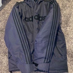 grey and black addias hooded zip up coat, large